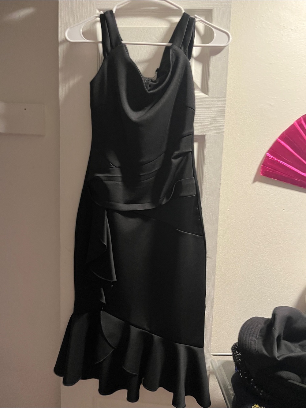 VENUS Black Satin Cowl Neck Midi Dress with Ruffle Hem